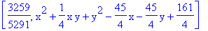 [3259/5291, x^2+1/4*x*y+y^2-45/4*x-45/4*y+161/4]